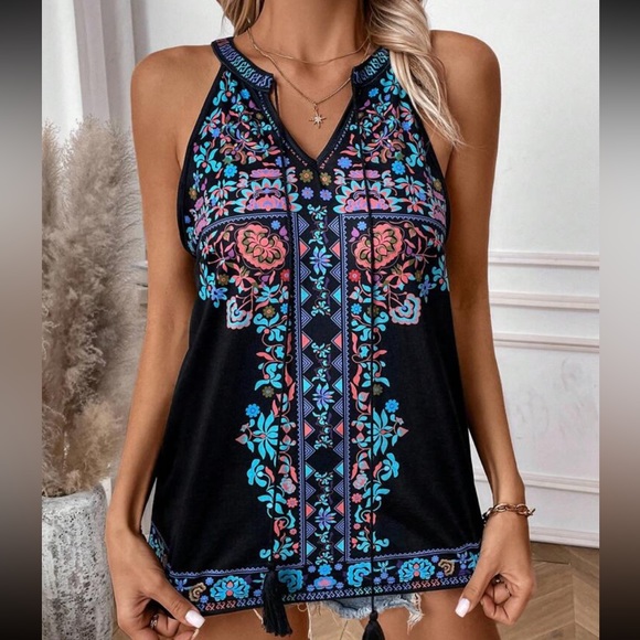 Boho Floral Paisley Print Halter Top Blouse Shirt - Picture 3 of 5